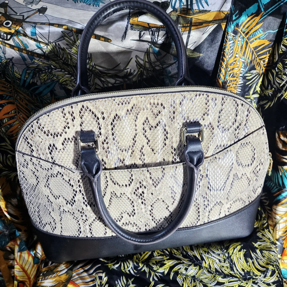 Anne Klein Cream and Black Snakeskin Satchel